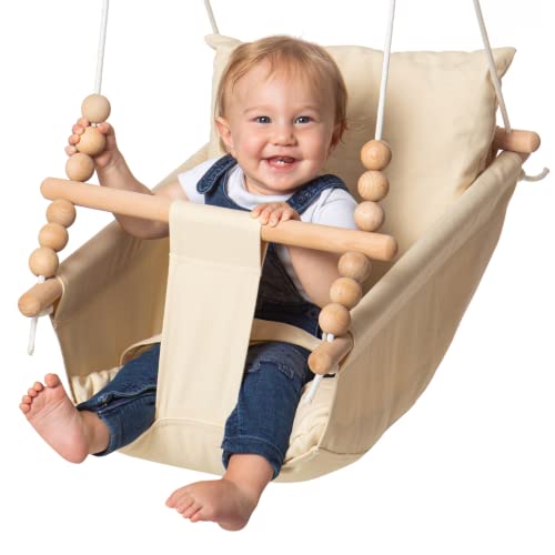 Frobel Baby Hammock Swing for Infants and Toddlers 6 to 48 Months, Canvas Baby Swing with Safety Belt and Mounting Hardware, Indoor Outdoor Durable Wooden Hanging Swing Seat, Beige