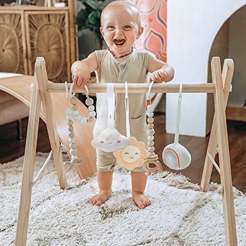 HAN-MM Wooden Baby Gym with 6 Wooden Baby Teething Toys Foldable Baby Play Gym Frame Activity Gym Hanging Bar Newborn Gift Baby Girl and Boy Gym (Natural Color)