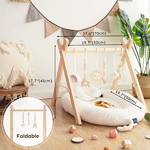 HAN-MM Wooden Baby Gym with 6 Wooden Baby Teething Toys Foldable Baby Play Gym Frame Activity Gym Hanging Bar Newborn Gift Baby Girl and Boy Gym (Natural Color)
