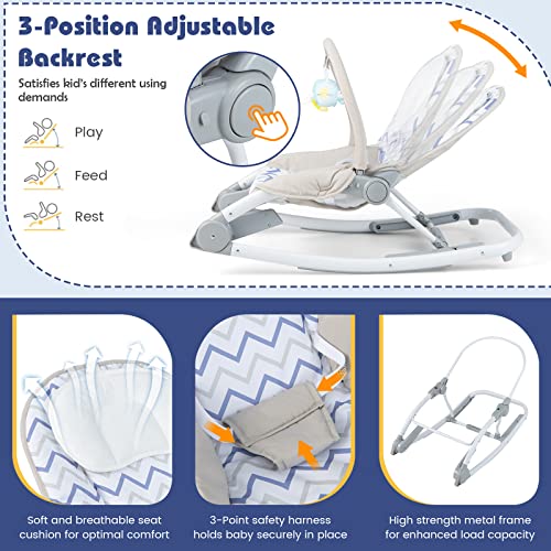 HONEY JOY Baby Rocker, 2 in 1 Foldable Comforting Rocking Chair & Stationary Seat, 3-Position Adjustable Backrest, Removable Toy Bar & Safety Belts, Portable Baby Bouncers for Infants to Toddlers