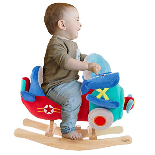 Happy Trails: Rocking Plane Toy- Kids Plush Stuffed Ride On Wooden Rockers with Sounds & Handles, Multicolor (80-690PLN)