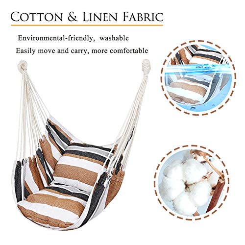 Hammock Chair Hanging Rope Swing, Max 300 Lbs Hanging Chair with Pocket- Quality Cotton Weave for Superior Comfort & Durability Perfect for Outdoor, Home, Bedroom, Patio, Yard (Khaki)