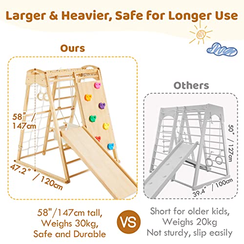 FUNLIO 8-in-1 Wood Indoor Playground for Kids 3-8 Years, Larger & Heavier Climbing Toys with Solid Pine, Indoor Gym for Kids with Swing/Slide/Climbing Rock/Net/2 Ladders/Monkey Bars/Gymnastic Rings