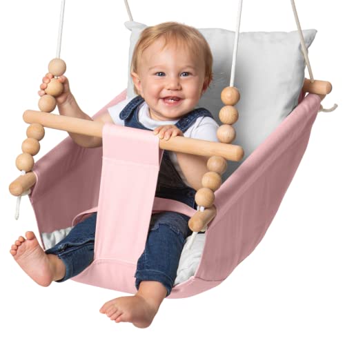Frobel Indoor Baby Hammock Swing Canvas Hanging Baby Swing for Infant, Toddler 6 to 48 Months, Hanging Kit Included, Safe and Secure, Pink