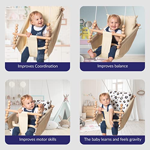 Frobel Baby Hammock Swing for Infants and Toddlers 6 to 48 Months, Canvas Baby Swing with Safety Belt and Mounting Hardware, Indoor Outdoor Durable Wooden Hanging Swing Seat, Beige