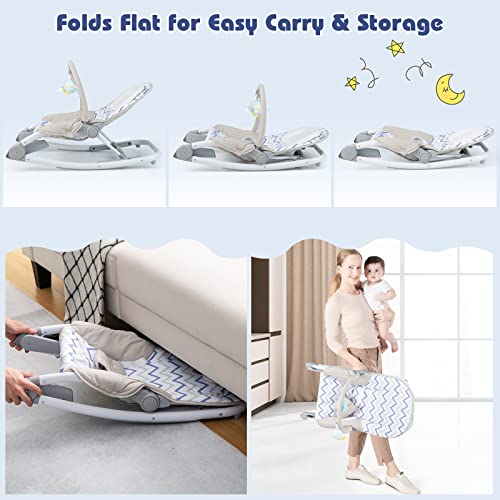 HONEY JOY Baby Rocker, 2 in 1 Foldable Comforting Rocking Chair & Stationary Seat, 3-Position Adjustable Backrest, Removable Toy Bar & Safety Belts, Portable Baby Bouncers for Infants to Toddlers