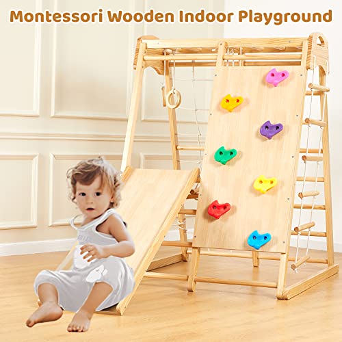 FUNLIO 8-in-1 Wood Indoor Playground for Kids 3-8 Years, Larger & Heavier Climbing Toys with Solid Pine, Indoor Gym for Kids with Swing/Slide/Climbing Rock/Net/2 Ladders/Monkey Bars/Gymnastic Rings