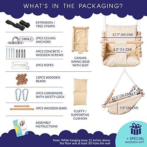 Frobel Baby Hammock Swing for Infants and Toddlers 6 to 48 Months, Canvas Baby Swing with Safety Belt and Mounting Hardware, Indoor Outdoor Durable Wooden Hanging Swing Seat, Beige