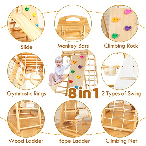 FUNLIO 8-in-1 Wood Indoor Playground for Kids 3-8 Years, Larger & Heavier Climbing Toys with Solid Pine, Indoor Gym for Kids with Swing/Slide/Climbing Rock/Net/2 Ladders/Monkey Bars/Gymnastic Rings