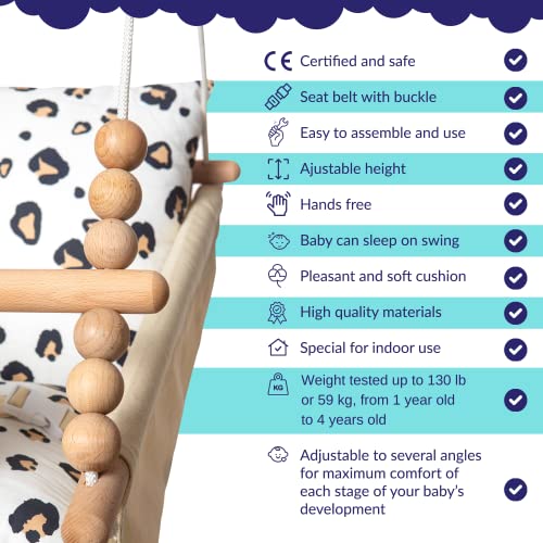 Frobel Baby Hammock Swing for Infants and Toddlers 6 to 48 Months, Canvas Baby Swing with Safety Belt and Mounting Hardware, Indoor Outdoor Durable Wooden Hanging Swing Seat, Beige