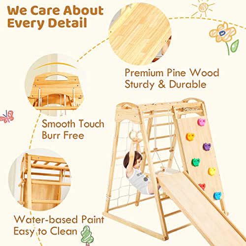 FUNLIO 8-in-1 Wood Indoor Playground for Kids 3-8 Years, Larger & Heavier Climbing Toys with Solid Pine, Indoor Gym for Kids with Swing/Slide/Climbing Rock/Net/2 Ladders/Monkey Bars/Gymnastic Rings