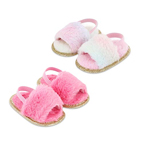 Yinbwol Infant Baby Girls Sandals Elastic Back Strap Flats Slippers Soft Toddles Princess Shoes Faux Fur Slides Shoes First Walker House Shoes (Colorful+Rose Red, 3_Months)