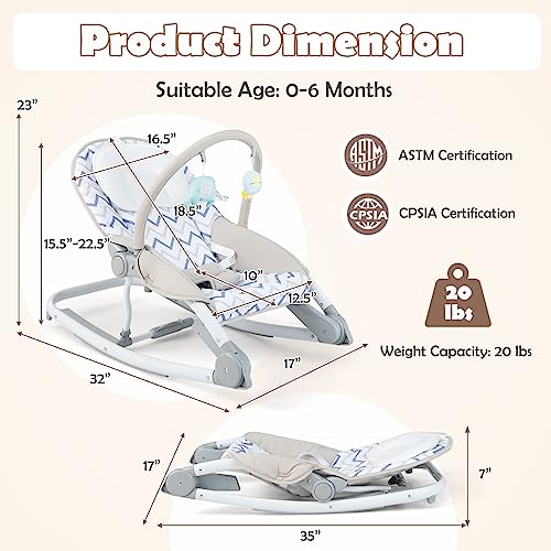 HONEY JOY Baby Rocker, 2 in 1 Foldable Comforting Rocking Chair & Stationary Seat, 3-Position Adjustable Backrest, Removable Toy Bar & Safety Belts, Portable Baby Bouncers for Infants to Toddlers