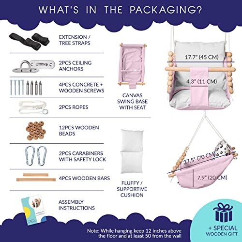 Frobel Indoor Baby Hammock Swing Canvas Hanging Baby Swing for Infant, Toddler 6 to 48 Months, Hanging Kit Included, Safe and Secure, Pink