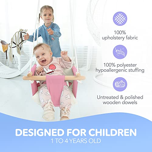 CaTeam - Canvas Baby Swing, Wooden Hanging Swing Seat Chair with Safety Belt, Durable Baby Hammock Chair, Outdoor and Indoor Swing for Kids, Mounting Hardware Included, Pink