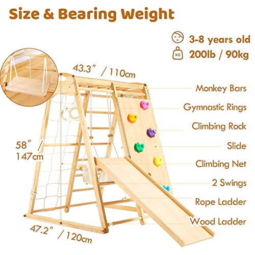 FUNLIO 8-in-1 Wood Indoor Playground for Kids 3-8 Years, Larger & Heavier Climbing Toys with Solid Pine, Indoor Gym for Kids with Swing/Slide/Climbing Rock/Net/2 Ladders/Monkey Bars/Gymnastic Rings