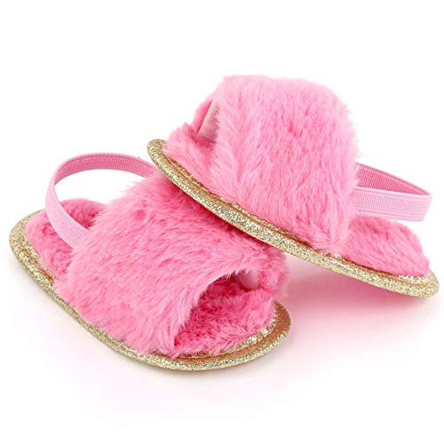 Yinbwol Infant Baby Girls Sandals Elastic Back Strap Flats Slippers Soft Toddles Princess Shoes Faux Fur Slides Shoes First Walker House Shoes (Colorful+Rose Red, 3_Months)