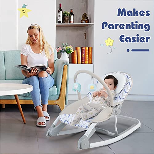 HONEY JOY Baby Rocker, 2 in 1 Foldable Comforting Rocking Chair & Stationary Seat, 3-Position Adjustable Backrest, Removable Toy Bar & Safety Belts, Portable Baby Bouncers for Infants to Toddlers