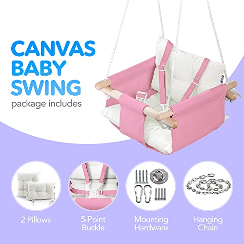 CaTeam - Canvas Baby Swing, Wooden Hanging Swing Seat Chair with Safety Belt, Durable Baby Hammock Chair, Outdoor and Indoor Swing for Kids, Mounting Hardware Included, Pink