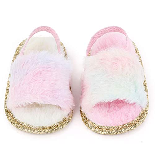 Yinbwol Infant Baby Girls Sandals Elastic Back Strap Flats Slippers Soft Toddles Princess Shoes Faux Fur Slides Shoes First Walker House Shoes (Colorful+Rose Red, 3_Months)