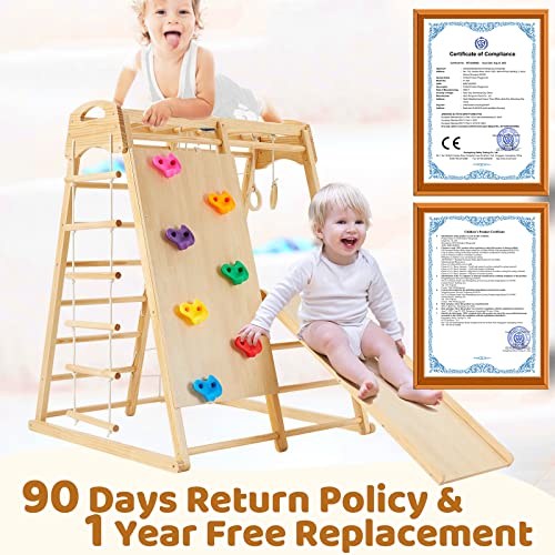 FUNLIO 8-in-1 Wood Indoor Playground for Kids 3-8 Years, Larger & Heavier Climbing Toys with Solid Pine, Indoor Gym for Kids with Swing/Slide/Climbing Rock/Net/2 Ladders/Monkey Bars/Gymnastic Rings