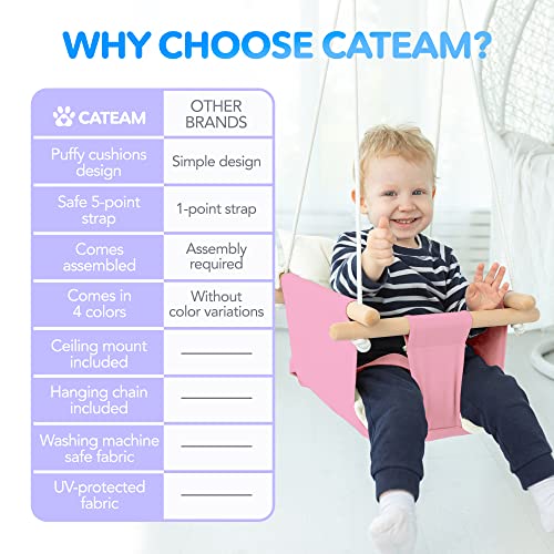 CaTeam - Canvas Baby Swing, Wooden Hanging Swing Seat Chair with Safety Belt, Durable Baby Hammock Chair, Outdoor and Indoor Swing for Kids, Mounting Hardware Included, Pink