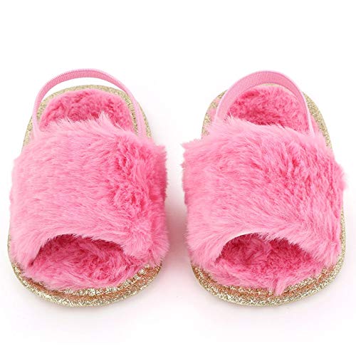 Yinbwol Infant Baby Girls Sandals Elastic Back Strap Flats Slippers Soft Toddles Princess Shoes Faux Fur Slides Shoes First Walker House Shoes (Colorful+Rose Red, 3_Months)