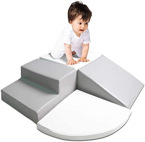 Wonder Space Climb & Crawl Foam Play Structure - Upgraded Size with Sew On Hook & Loop Stripes - Preschool Nursery Stage Slide Set - Babies Toddlers Motor Skills Early Development Gym Toy (Grey 4pcs)