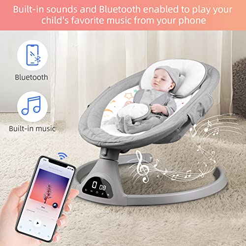 Baby Swings for Infants, 5 Speed Bluetooth Baby Bouncer with 3 Seat Positions & Built-in 12 Music & 3 Timer Settings & 5-Point Harness & Remote Control, Touch Screen Chair for 5-20 lb, 0-9 Months