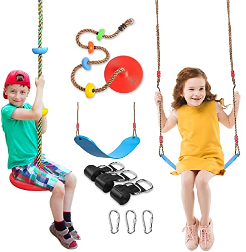 SUNCITY Swing Set 2 Pack Swings Seats Tree Climbing Rope Swing Multicolor with Platforms, Outdoor Toys for Kids Ages 3+, Outside Playground Backyard Swingset Accessories with 5Ft Strap and Snap Hook