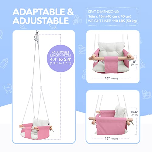 CaTeam - Canvas Baby Swing, Wooden Hanging Swing Seat Chair with Safety Belt, Durable Baby Hammock Chair, Outdoor and Indoor Swing for Kids, Mounting Hardware Included, Pink