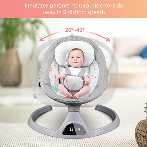 Baby Swings for Infants, 5 Speed Bluetooth Baby Bouncer with 3 Seat Positions & Built-in 12 Music & 3 Timer Settings & 5-Point Harness & Remote Control, Touch Screen Chair for 5-20 lb, 0-9 Months