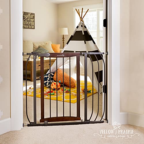 Summer Anywhere Decorative Walk-Thru Baby Gate, Walnut Wood and a Metal Charcoal Accent Finish  30 Tall, Fits Openings up to 28 to 42.5 Wide, Baby and Pet Gate for Doorways and Stairways