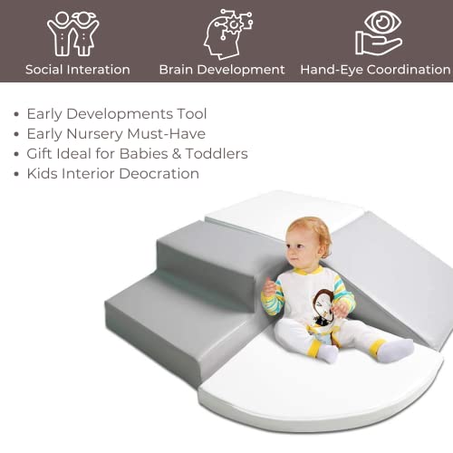 Wonder Space Climb & Crawl Foam Play Structure - Upgraded Size with Sew On Hook & Loop Stripes - Preschool Nursery Stage Slide Set - Babies Toddlers Motor Skills Early Development Gym Toy (Grey 4pcs)