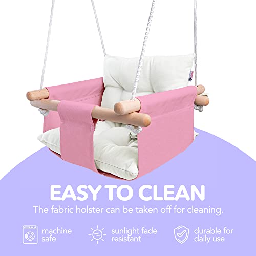 CaTeam - Canvas Baby Swing, Wooden Hanging Swing Seat Chair with Safety Belt, Durable Baby Hammock Chair, Outdoor and Indoor Swing for Kids, Mounting Hardware Included, Pink