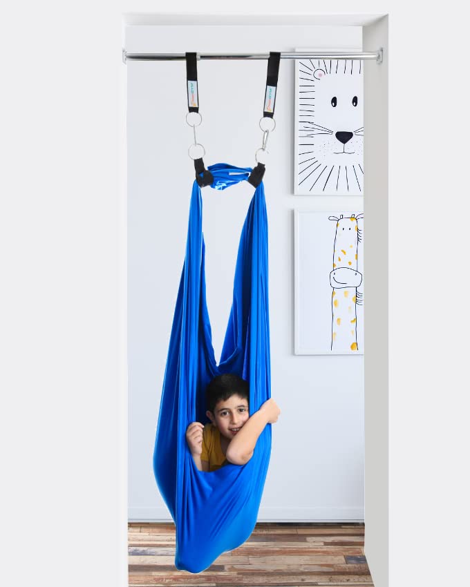 DreamGYM Doorway Sensory Swing Kit - Blue Compression Swing and Trapeze Bar with Red Gym Rings Combo
