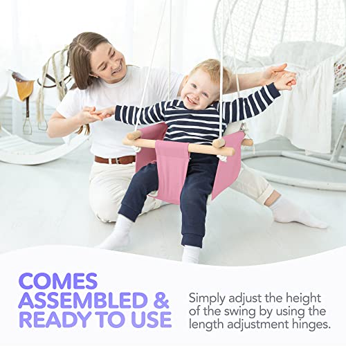 CaTeam - Canvas Baby Swing, Wooden Hanging Swing Seat Chair with Safety Belt, Durable Baby Hammock Chair, Outdoor and Indoor Swing for Kids, Mounting Hardware Included, Pink