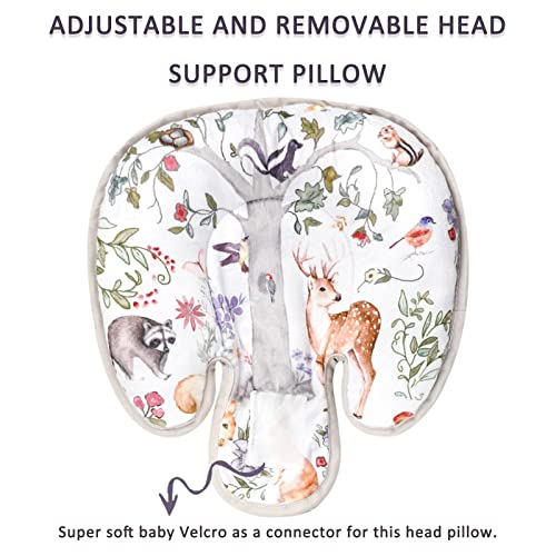 CARUILI 2-in-1 Car Seat Head Body Support, Reversible Infant Car Seat Insert for Newborn Boys Girls, Soft Carseat Cushion Preect for Baby Car Seats, Strollers, Bouncers, Woodland Animal