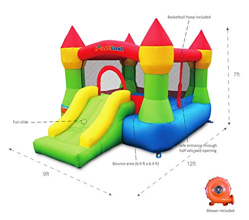Bounceland Bounce House Castle with Basketball Hoop Inflatable Bouncer, Fun Slide, Safe Velcro Entrance, UL Certified Strong Blower Included, 12 ft x 9 ft x 7 ft H, Kid Castle Party Theme Bounce House
