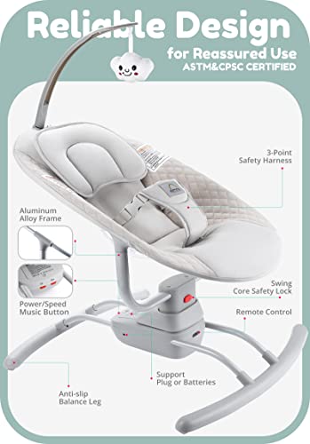 Daming Baby Swings for Infants, Gentle Gliding Baby Swings, Plug/Battery Power Up, 3 Speed 8 Melodies, Portable Swing for Newborn Baby Boys Girls 0-6 Months, Remote Control Included