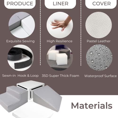 Wonder Space Climb & Crawl Foam Play Structure - Upgraded Size with Sew On Hook & Loop Stripes - Preschool Nursery Stage Slide Set - Babies Toddlers Motor Skills Early Development Gym Toy (Grey 4pcs)