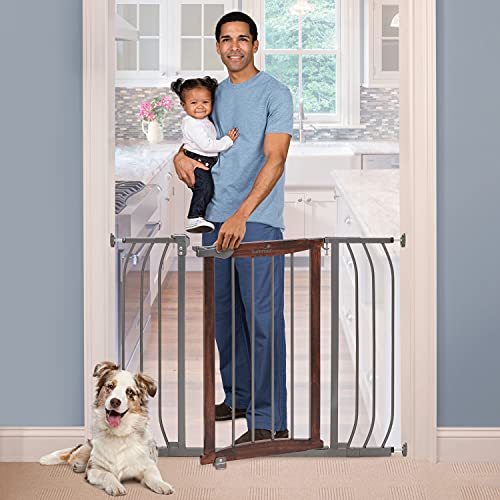 Summer Anywhere Decorative Walk-Thru Baby Gate, Walnut Wood and a Metal Charcoal Accent Finish  30 Tall, Fits Openings up to 28 to 42.5 Wide, Baby and Pet Gate for Doorways and Stairways