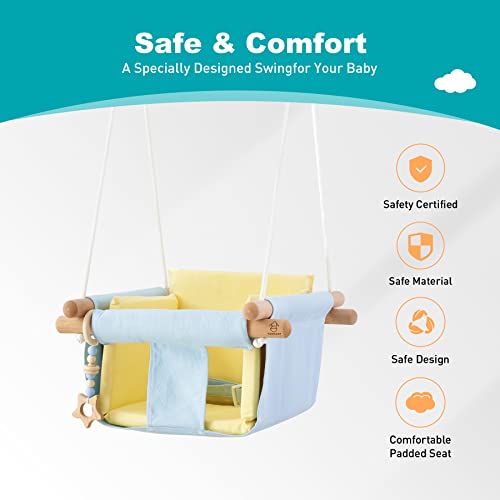 Troispot Comfortable Baby Swing Seat, Secure Canvas and Wooden Hanging Swing Chair for Baby, Infant, Toddler, Child, Kids Toys, Indoor Outdoor Hammock for Playground, Tree Swings or Backyard, B2