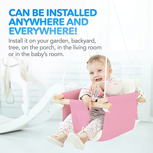 CaTeam - Canvas Baby Swing, Wooden Hanging Swing Seat Chair with Safety Belt, Durable Baby Hammock Chair, Outdoor and Indoor Swing for Kids, Mounting Hardware Included, Pink