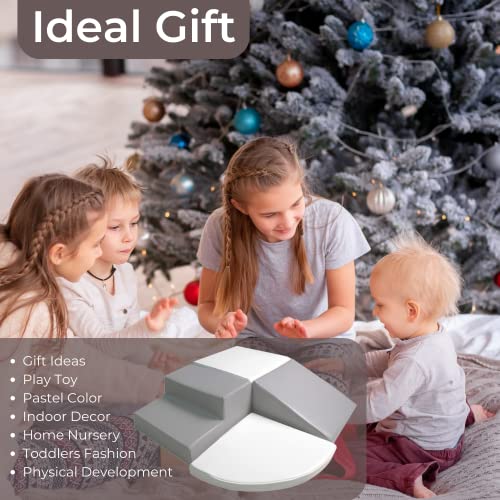 Wonder Space Climb & Crawl Foam Play Structure - Upgraded Size with Sew On Hook & Loop Stripes - Preschool Nursery Stage Slide Set - Babies Toddlers Motor Skills Early Development Gym Toy (Grey 4pcs)