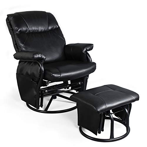 Recliner Chair with Ottoman Living Room Chairs Faux Leather Glider Chair 360 Degree Rotation Leisure and Relaxation Furniture (Black)