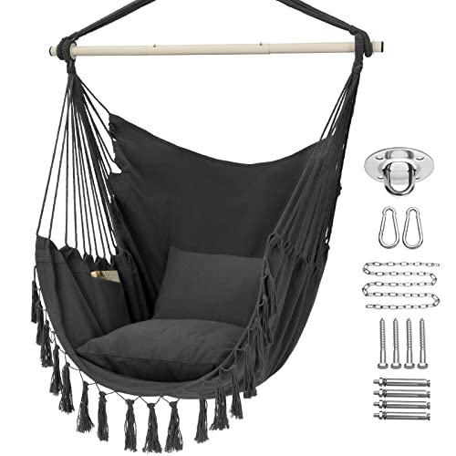 Y- STOP Hammock Chair Hanging Rope Swing, Max 330 Lbs, 2 Cushions Included, Large Macrame Hanging Chair with Pocket, Cotton Weave for Superior Comfort, Durability (Grey)