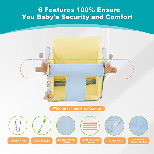 Troispot Comfortable Baby Swing Seat, Secure Canvas and Wooden Hanging Swing Chair for Baby, Infant, Toddler, Child, Kids Toys, Indoor Outdoor Hammock for Playground, Tree Swings or Backyard, B2