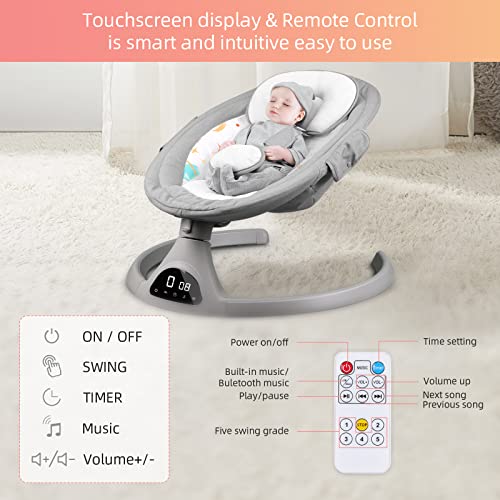 Baby Swings for Infants, 5 Speed Bluetooth Baby Bouncer with 3 Seat Positions & Built-in 12 Music & 3 Timer Settings & 5-Point Harness & Remote Control, Touch Screen Chair for 5-20 lb, 0-9 Months