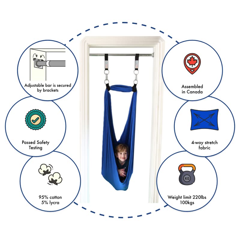 DreamGYM Doorway Sensory Swing Kit - Blue Compression Swing and Trapeze Bar with Red Gym Rings Combo